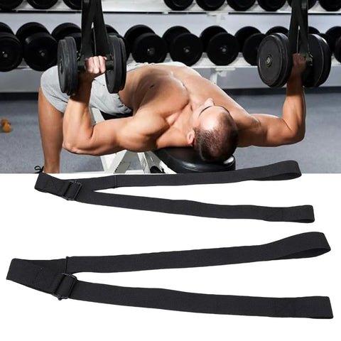 Man using Heavy Duty Dumbbell Spotter Straps 2 Pack Adjustable Safety Belts with Tough Nylon Webbing for bench press.