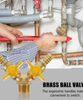 Hardened Brass Three Way Ball Valve With Dual Handles Quick Connect Y Pattern Body For Gas And Pneumatic Systems Built Tough With Rock Solid Seals No Sweat Operation Guaranteed shown installed with tools.
