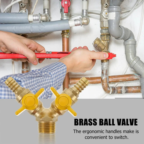 Hardened Brass Three Way Ball Valve With Dual Handles Quick Connect Y Pattern Body For Gas And Pneumatic Systems Built Tough With Rock Solid Seals No Sweat Operation Guaranteed shown installed with tools.