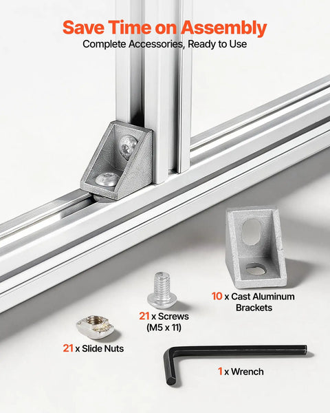 Kickass 2020 Aluminum Extrusion Profile Featuring Slick Anodized T Slot Linear Rail for Heavy Duty CNC and 3D Printer DIY Workbench Assembly Silver 10 Pack accessories including screws, nuts, and brackets.