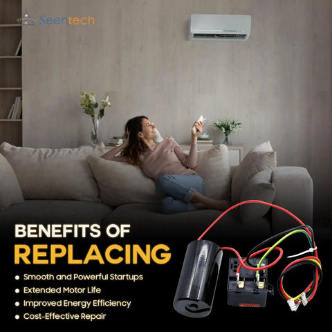 Heavy Duty Hard Start Capacitor Kit For HVAC Units Boosts AC Compressor Power With Smooth Kickstart Relay Upgrade For 1 To 3 Ton Models 88 To 108 Microfarad with installation benefits displayed.