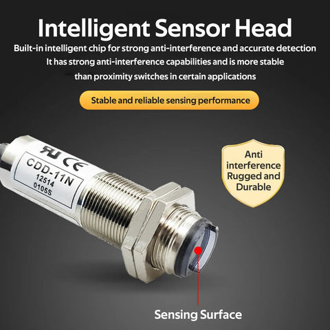 Diffuse Reflection Photoelectric Sensor NPN NO 4 Wire 10mm Sensing Range For Opaque Objects IP66 Rugged Workhorse Proximity Switch, sensor head close-up.