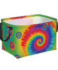 Hella Spacious Waterproof Storage Bin With Rainbow Tie Dye Design And Secure Carry Handles For Ample Clothing Sorting And Whole House Organization Projects, 15x9 inch polyester basket.