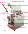 Automatic Pneumatic Paste And Liquid Filling Machine With Stainless Steel Horizontal Mixing Hopper For Sauces Oils Honey And Condiments 10 To 100 ML showcasing detailed machine components.