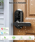 Secure Your Pad With This Beefed-Up Smart Lock And Keypad Handle on a door with snow, showcasing keypad and handle features.
