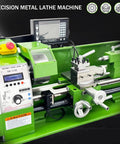 Precision Metal Lathe Benchtop Mini Machine With Electronic Gear Change And Digital Readout, detailed view of control panel and components.