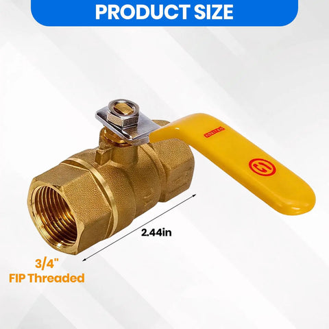 Heavy Duty Full Port Brass Ball Valve 3/4 Inch Threaded Pipe Fitting For Water Air Oil And Gas Built Tough As Nails Corrosion Resistant Workhorse For No Fuss Operation Single Pack with yellow handle and size details.
