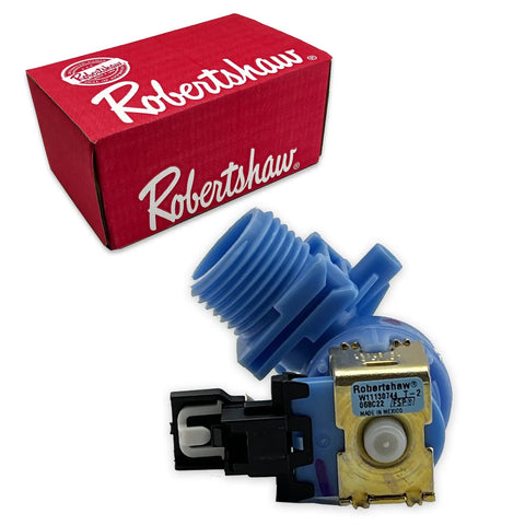 Dishwasher Water Inlet Valve Replacement Part 120V 60Hz 5W OEM Robertshaw For Whirlpool next to branded box