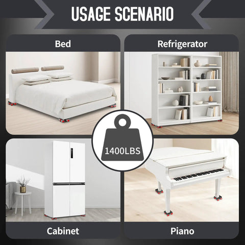 Heavy Duty Furniture Dolly Set Of 4 Red Pieces Comes With Carbon Steel Swivel Casters supporting a bed, refrigerator, cabinet, and piano.