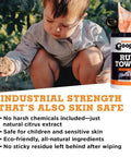 Child holding dirt next to Orange Heavy Duty Ruff Towels With Scrubbing Power 10 By 12 Inches Dual Textured Multi Purpose Cleaning Wipes