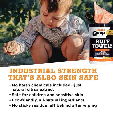 Child holding dirt next to Orange Heavy Duty Ruff Towels With Scrubbing Power 10 By 12 Inches Dual Textured Multi Purpose Cleaning Wipes