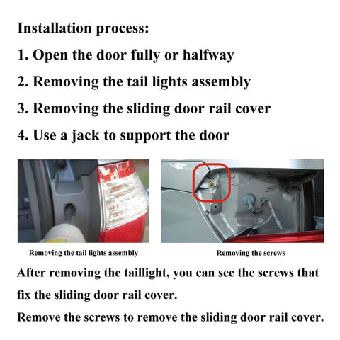 Image showing steps for removing tail lights and screws for sliding door rail cover on Honda Odyssey 2005-2010.