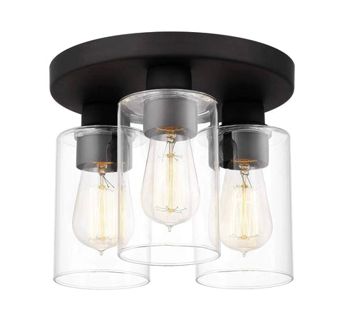 Modern Farmhouse 3 Light Flush Mount Ceiling Light Fixture With Clear Glass Shade In Dark Bronze Finish For Hallway Entryway Passway Bedroom Garage Kitchen Balcony Living Room
