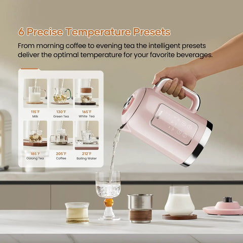 1.5L Stainless Steel Smart Electric Kettle With Temperature Control, Six Precise Presets, 1200W Fast Boil, Great For Tea, Pink Finish
