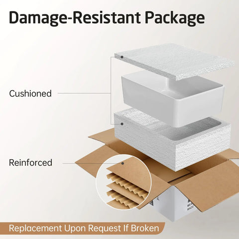 Packaging box with cushioned and reinforced layers for Rectangular White Vessel Sink For Bathroom 19x15 Inch Above Counter Vanity Sink Porcelain.