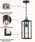 Outdoor Pendant Light Matte Black Adjustable Exterior Hanging Porch Lighting Waterproof Ceiling Mount Lamp With Clear Glass Shade For Front Porch And Entryway ETL Listed, featuring ETL certification and tempered glass shade.