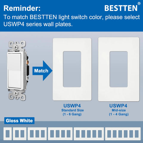 30 Pack Three Way Decorator Light Switches, 15 Amp 120 Volt 277 Volt, gloss white matching wall plates shown