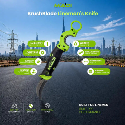 BrushBlade Lineman Knife With Dual Function Cutting Blade And Built In Wire Brush displayed against cityscape background.
