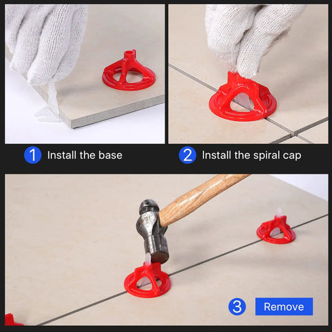 Hardcore 1/16 Inch Tile Leveling Clips And Spacer Set With 2000 White Base Plates installation process showing base and spiral cap fitting.