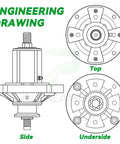 Engineering drawing of Top Shelf Spindle Assembly Kit For John Deere Z245 Ride On Mower Deck, showing side, top, and underside views.