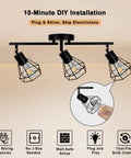 Plug In Track Lighting Kit With 3 Light Directional Ceiling Fixtures In Black Farmhouse Style shown with installation features.