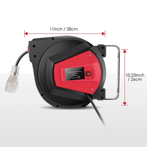Heavy Duty Built Tough 50 Foot Retractable Extension Cord Reel With Three Grounded Outlets Lighted Triple Tap For Outdoor Use