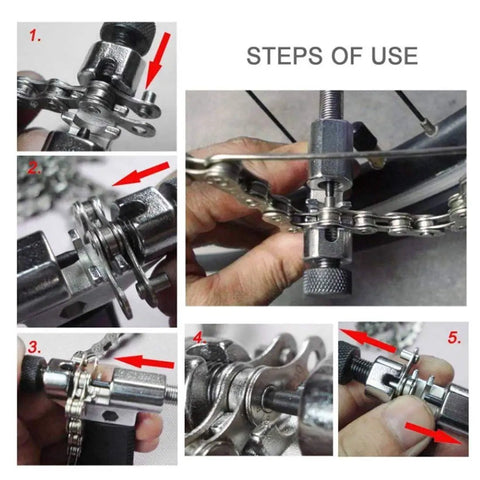 Steps of use for All In One Bicycle Chain Removal And Installation Tool With Chain Hook Universal For Single Speed And Five Through Eleven Speed Chains Industrial Steel K5 Body With Replaceable CRV Thimble Durable And Easy To Use