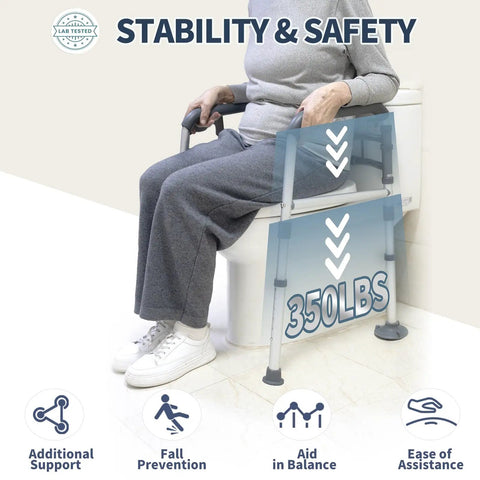 Heavy Duty Toilet Safety Rails Height Adjustable Foldable Frame Zero Hassle Setup For Seniors Handicap And Elderly Users Rigged Tough Holds Up To 350 Lbs with user demonstrating stability.