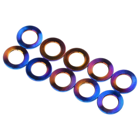 Badass Grade 5 Titanium Flat Washers For M5 Metric Bolts With Burnt Blue Finish 10 Pack shown in 3D arrangement.