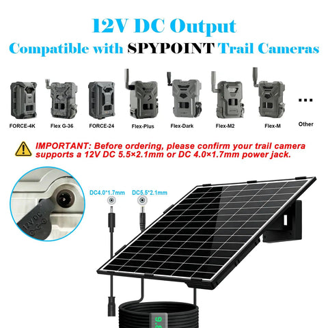 Universal Solar Panel For Trail Cameras And Cellular Hunting Systems With 12 Volt 1 Amp Output showing 12V DC output and connectors.