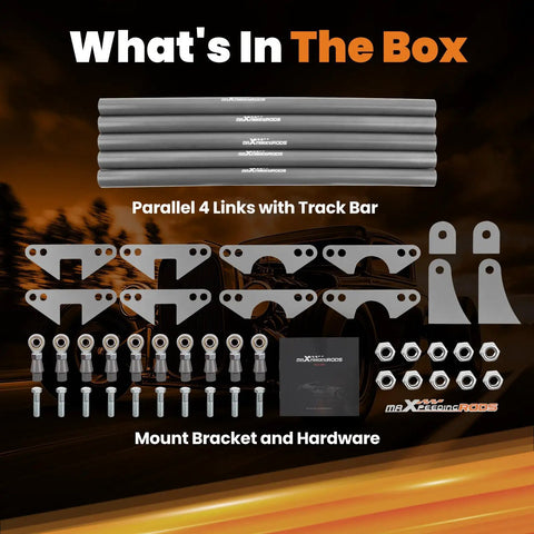 Parallel 4 Link Suspension Kit For Hot Rods And Rat Rods Weld On 24 Inch Steel Bars With Heavy Duty Heim Joints shown with parts