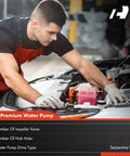 Mechanic installing a Water Pump With Gasket For DOHC V6 2.8L 3.0L 3.6L, compatible with various GM vehicles, under car hood.