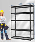 Commercial Grade Five Tier Steel Shelving Unit With Fully Adjustable Heights Rock Solid Workhorse For Warehouse And Garage Setup 2500 Lb Capacity Tough As Nails Metal Storage Rack next to a woman in work attire.