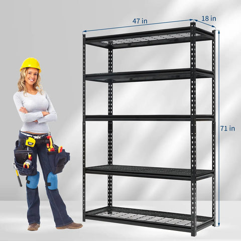Five Tier Heavy Duty Adjustable Metal Garage Storage Shelves Black Steel Rack With Massive 2200 Pound Load Rating featuring a woman and dimensions 47x18x71 inches.