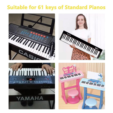 61 Key Note Sticker Guide Labels for Digital Keyboard with Dust Cover Cloth and Box shown on various keyboards