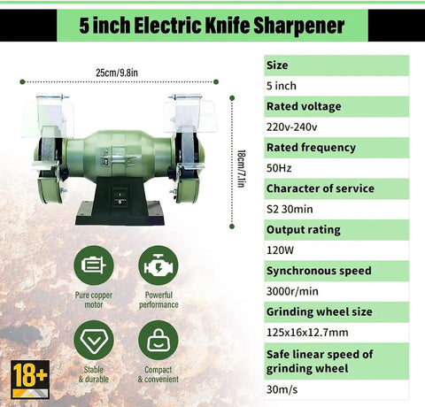 5 inch Electric Knife Sharpener from Rock Solid Dual Wheel Bench Grinder and Electric Knife Sharpener With Tough Aluminum Surfaces.