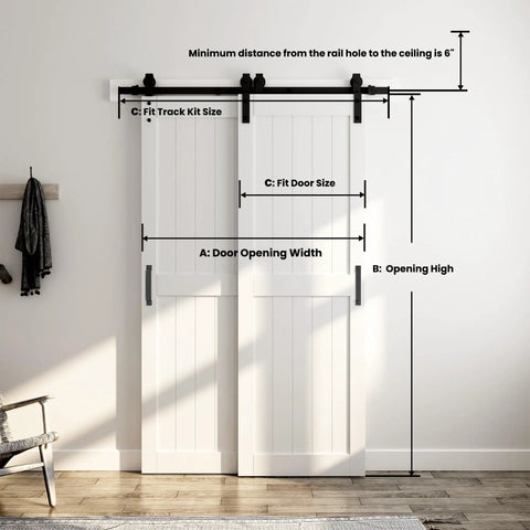 Big Time Space Saver Bypass Barn Door Hardware Kit For 28 By 84 Inch Double Sliding Doors with installation measurements.