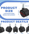 Office Chair Wheels Replacement 8 Pcs Nylon Heavy Duty Caster Wheels With Universal Stem For Hardwood Floors And Carpet 1.5 Inch Wheel 49 Mm Height 30 X 40 Mm Size Black Standard Stem product sizes and views image