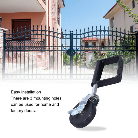 Rugged 4 Inch Heavy Duty Spring Loaded Gate Wheel Rolls Like A Dream With Stainless Steel Construction Double Ball Bearings And Thickened Power Steel Plate For Shock Absorption Rock Solid Load Handling On Doors And Gates mounted on a gate with easy installation features.