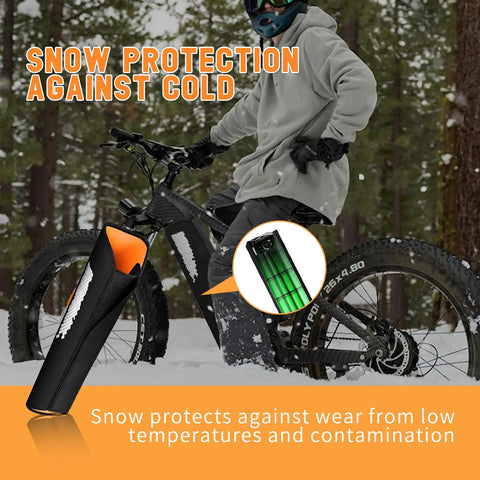 Winter Ready E Bike Battery Cover Neoprene Large Size showing insulation and protection on a fat-tire e-bike in snowy forest