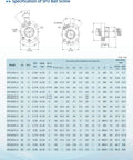 SFU ball screw specification diagrams with dimension table, showing front and side views