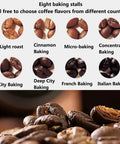 Retro Electric Coffee Bean Roaster With Automatic Roasting Function And Heavy Duty Stainless Steel Drum Delivers Precise Temperature Settings And Eight Smart Modes For Killer Home Barista Results That Always Hit The Mark, showcasing eight coffee roast levels with roast beans.