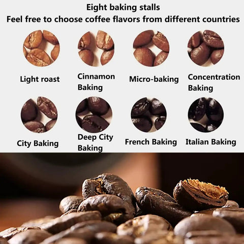 Retro Electric Coffee Bean Roaster With Automatic Roasting Function And Heavy Duty Stainless Steel Drum Delivers Precise Temperature Settings And Eight Smart Modes For Killer Home Barista Results That Always Hit The Mark, showcasing eight coffee roast levels with roast beans.