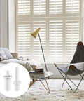 85 Pcs Plantation Shutter Repair Kit Game Changer Includes Spring Loaded Pins And Tilt Rod Louver Staples displayed with a living room setting.