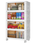 Rock Solid 4 Piece Plastic Storage Bins With Snap Tight Lids And Butter Smooth Wheels 35 Quart Capacity Stackable Foldable Organizer Sets showing organized items.