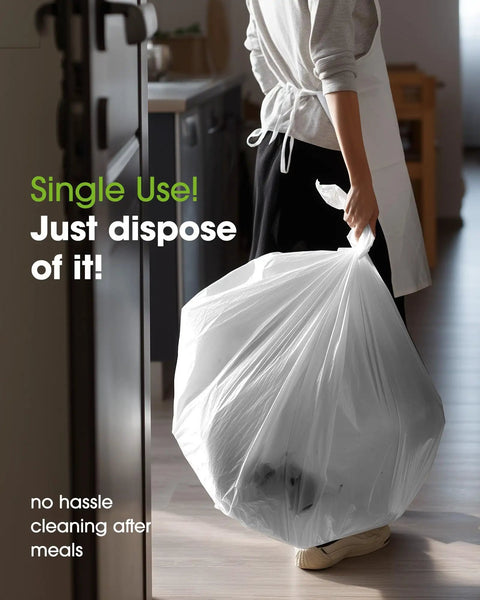 Person disposing of a large white trash bag, showcasing easy cleanup with No Drama Cleanup Disposable Plastic Tablecloths Rectangle Table Cover 54X108 Inches White 10 Pack Heavy Duty Waterproof For Backyard Cookouts Folding Buffets And Weekend Hangouts Proven Reliable.