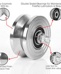 Rock Solid 3 Pack 4 Inch V Groove Gate Wheels With Welded Brackets Heavy Duty Double Bearings, close-up of roller features.