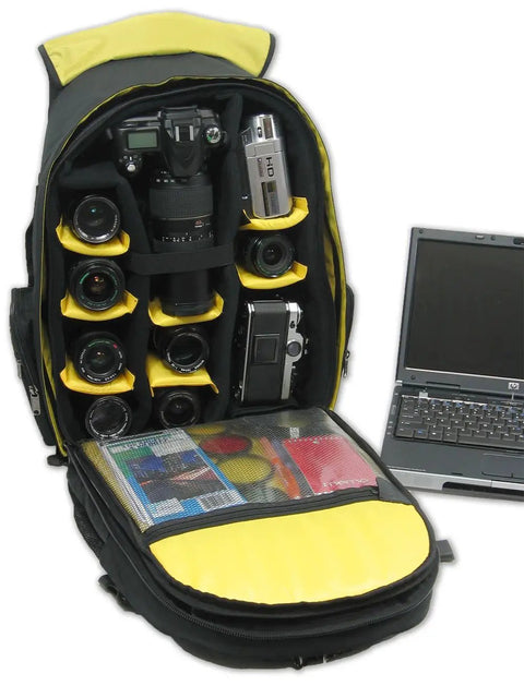 Large Camera Backpack With Padded Dividers, 16 Inch Laptop Compartment, Hi Vis Yellow Interior, showcasing camera gear storage