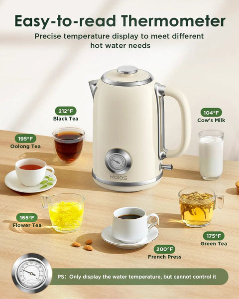 1.8L Electric Kettle With Temperature Gauge, 1500W Fast Boil, 304 Stainless Steel Retro Style Hot Water Kettle With Lit LED Light, Auto Shut Off And Boil Dry Protection displayed on a table with teas at different temperatures
