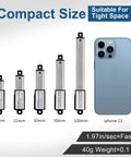 DC HOUSE mini electric linear actuators, five units with 10–100 mm stroke, shown beside iPhone 13 for scale
